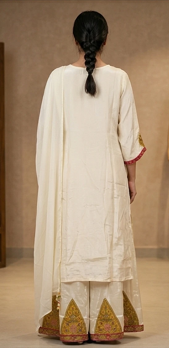 Ivory Raw Silk Gharara Set with Multi-Color Patchwork & Zardosi Embroidery