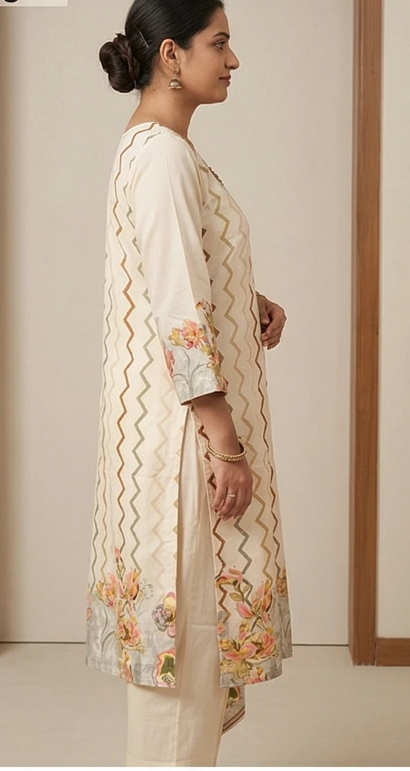 Women's Cream & Gold Zig-Zag Printed Kurta with Trousers & Matching Dupatta - 3 Piece Set