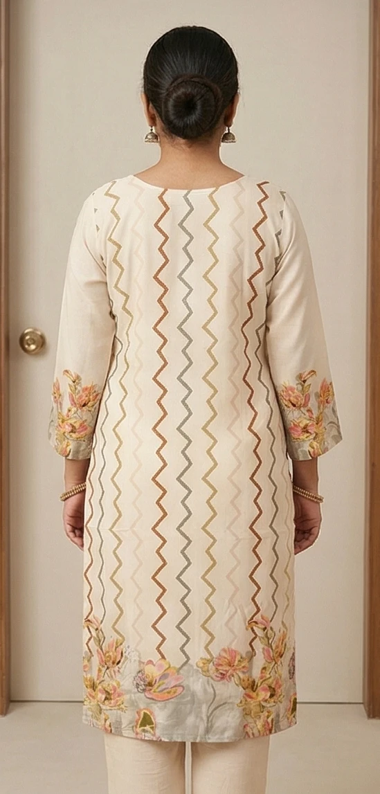 Women's Cream & Gold Zig-Zag Printed Kurta with Trousers & Matching Dupatta - 3 Piece Set