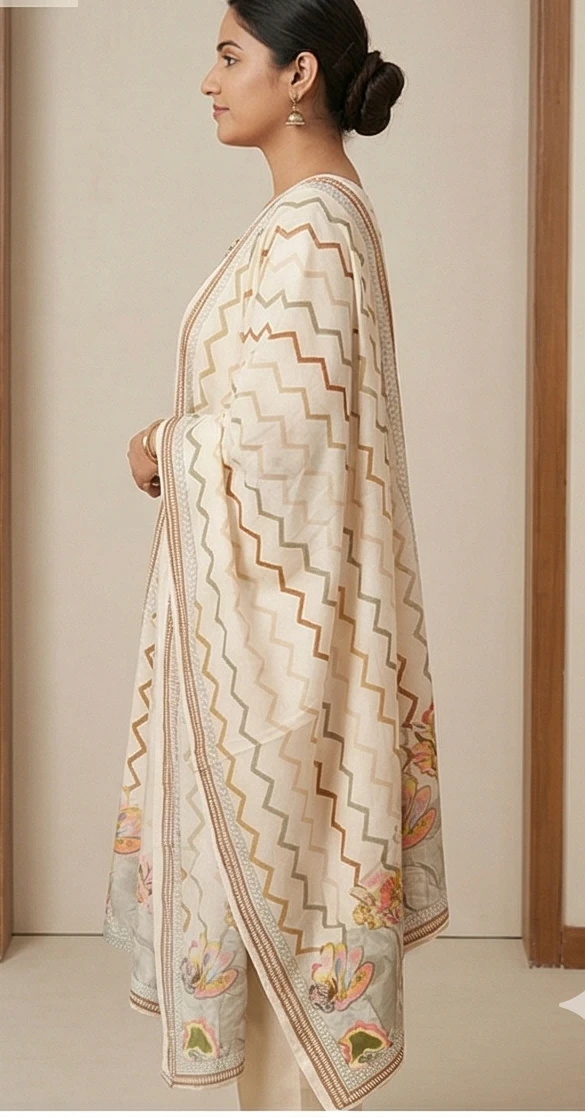 Women's Cream & Gold Zig-Zag Printed Kurta with Trousers & Matching Dupatta - 3 Piece Set