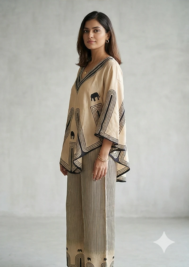 Women's Beige & Black Elephant Print Kaftan Top with Matching Striped Wide-Leg Trousers – 2-Piece Set