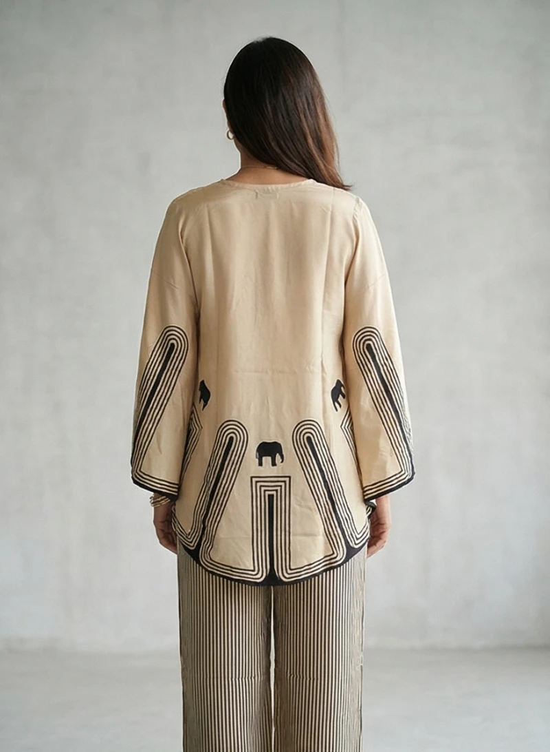 Women's Beige & Black Elephant Print Kaftan Top with Matching Striped Wide-Leg Trousers – 2-Piece Set