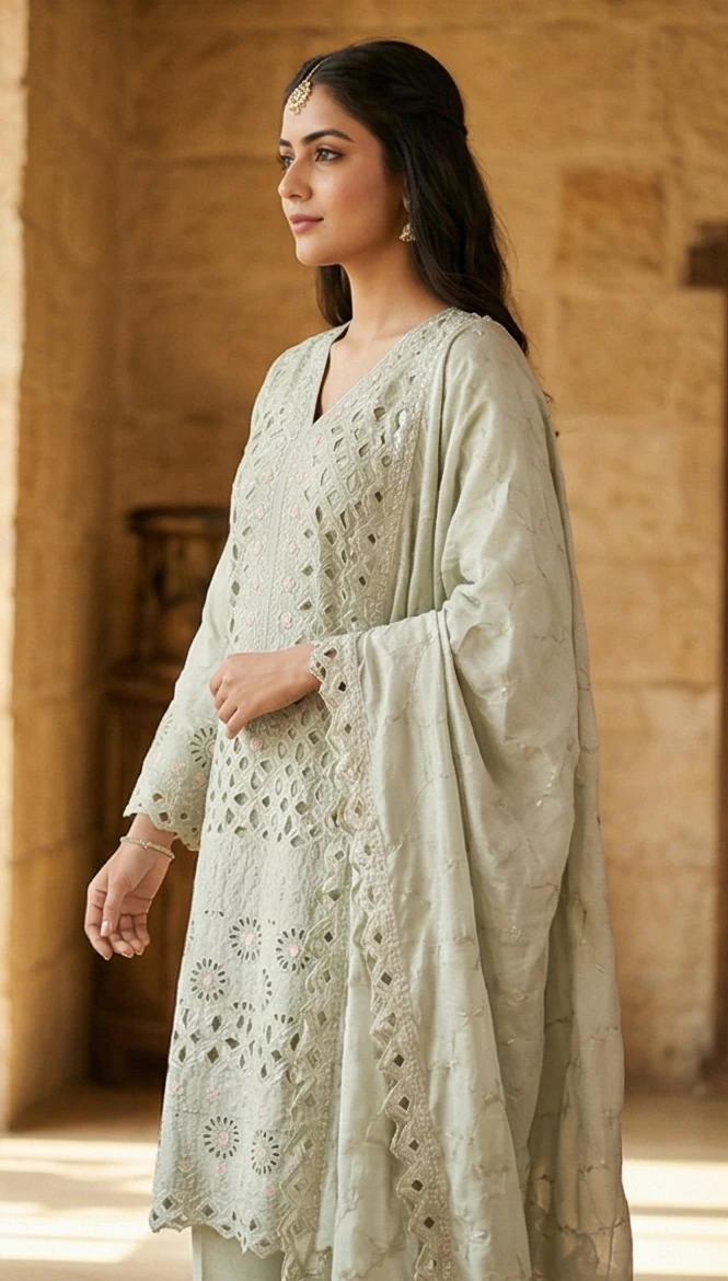 Sage Green Embroidered Cut-Work Kurta, Pants & Dupatta Set