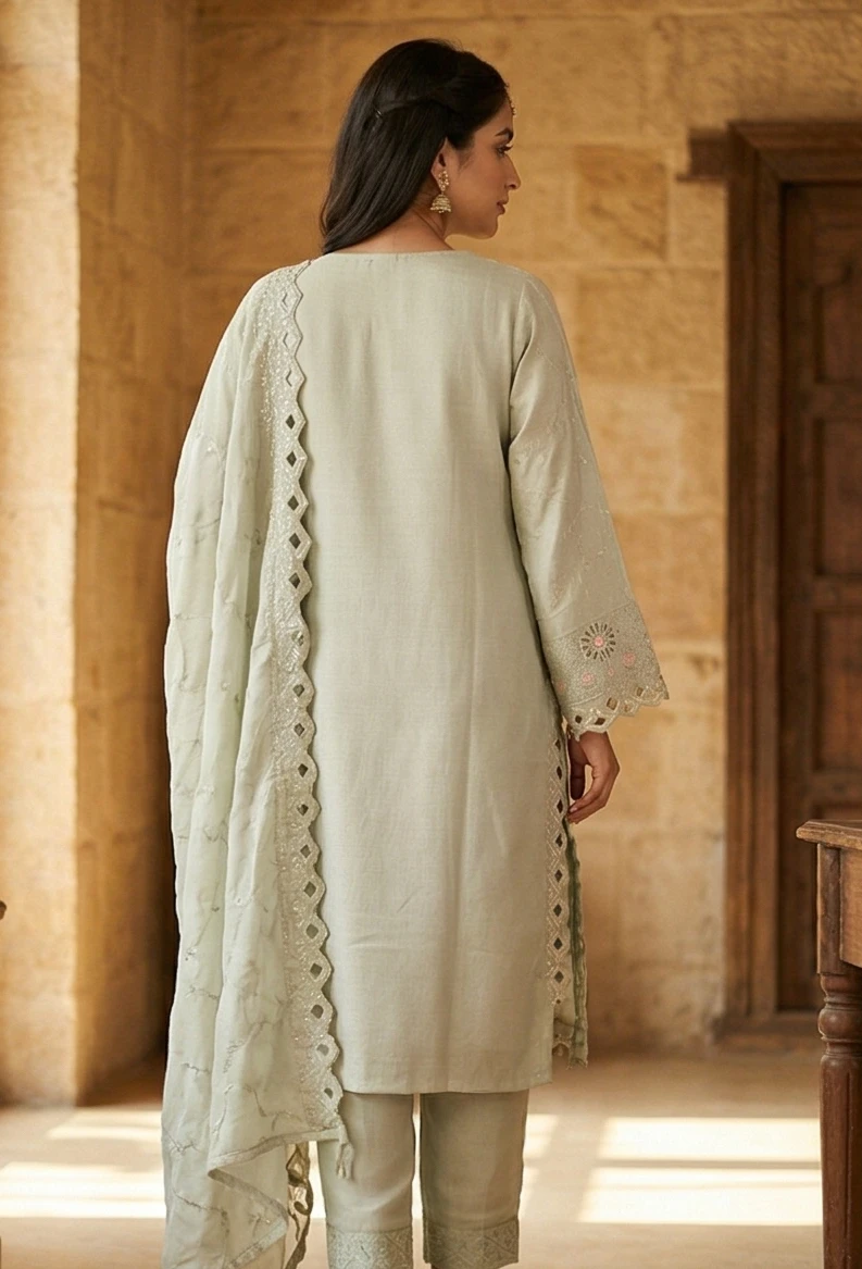 Sage Green Embroidered Cut-Work Kurta, Pants & Dupatta Set