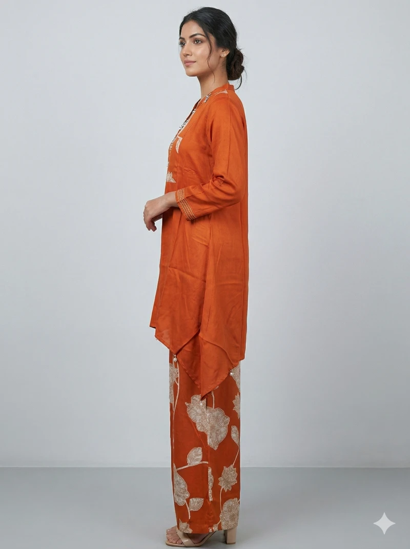 Burnt Orange Silk-Finish Tunic with Floral Embroidery and Wide-Leg Palazzos