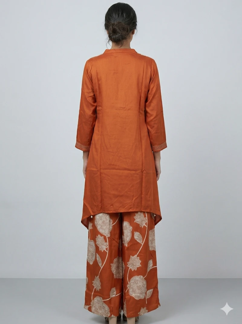 Burnt Orange Silk-Finish Tunic with Floral Embroidery and Wide-Leg Palazzos