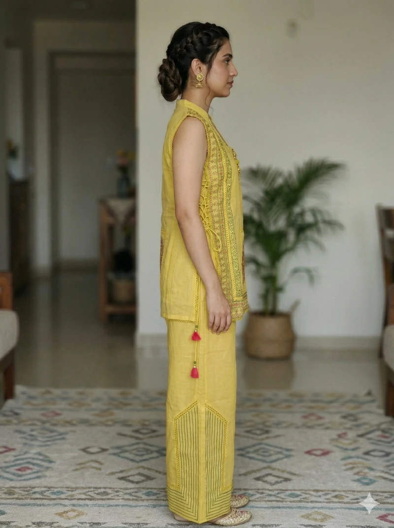 Yellow Cotton Sleeveless Kaftan-Style Kurta with Wide-Leg Palazzos and Pink Tassel Accents