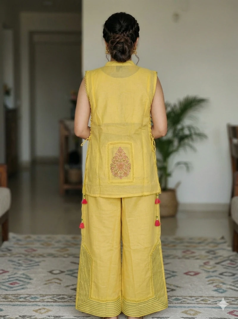 Yellow Cotton Sleeveless Kaftan-Style Kurta with Wide-Leg Palazzos and Pink Tassel Accents