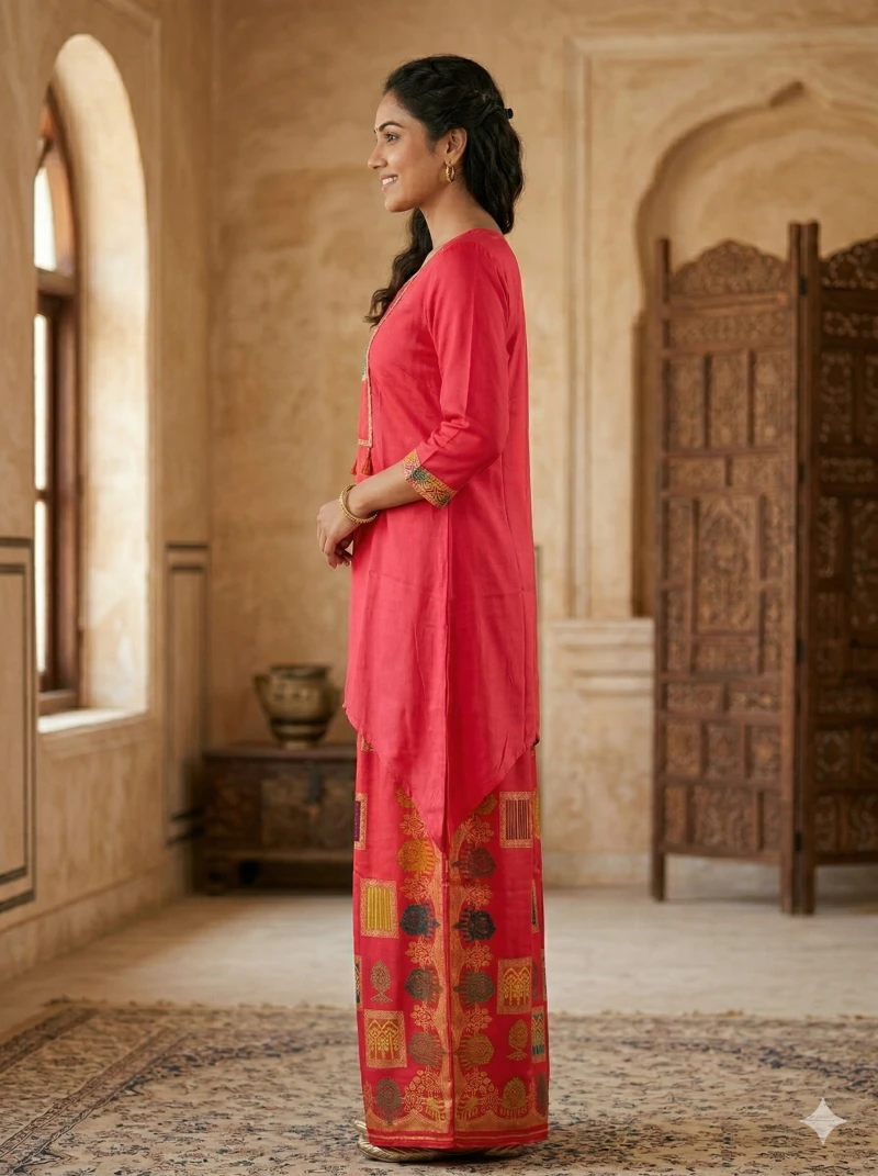 Women’s pink Silk High-Low Kurta Set with Patchwork Embroidery and Printed Palazzo Pants