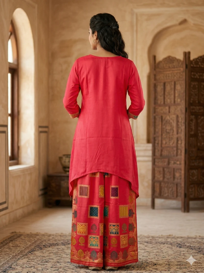 Women’s pink Silk High-Low Kurta Set with Patchwork Embroidery and Printed Palazzo Pants