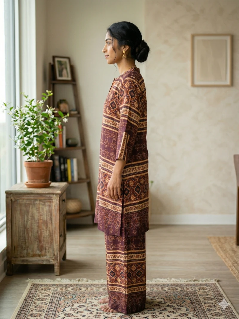 Ethnic Wear Women's Cotton Blend Printed Kurta with Matching Palazzo Pants - 2 Piece Set