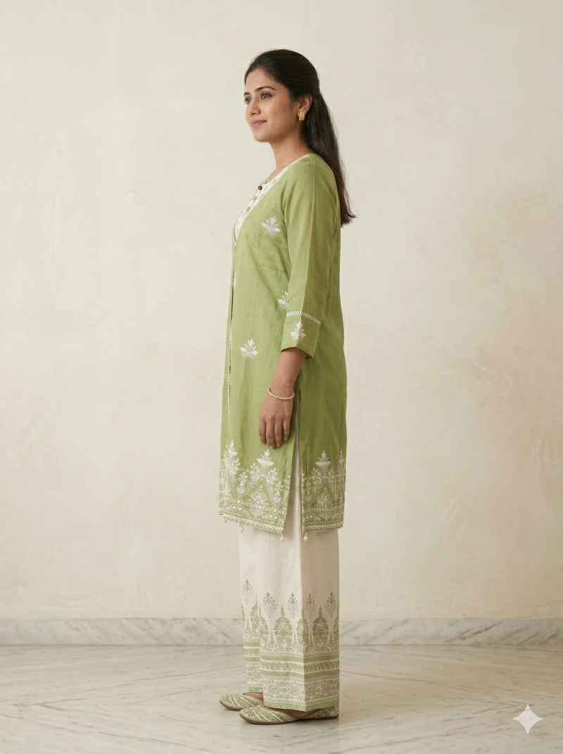 Green & White Printed A-Line Kurta with Palazzo Set