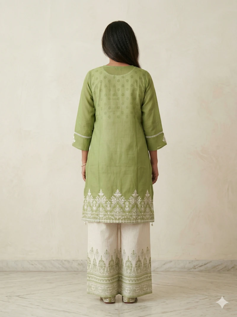 Green & White Printed A-Line Kurta with Palazzo Set