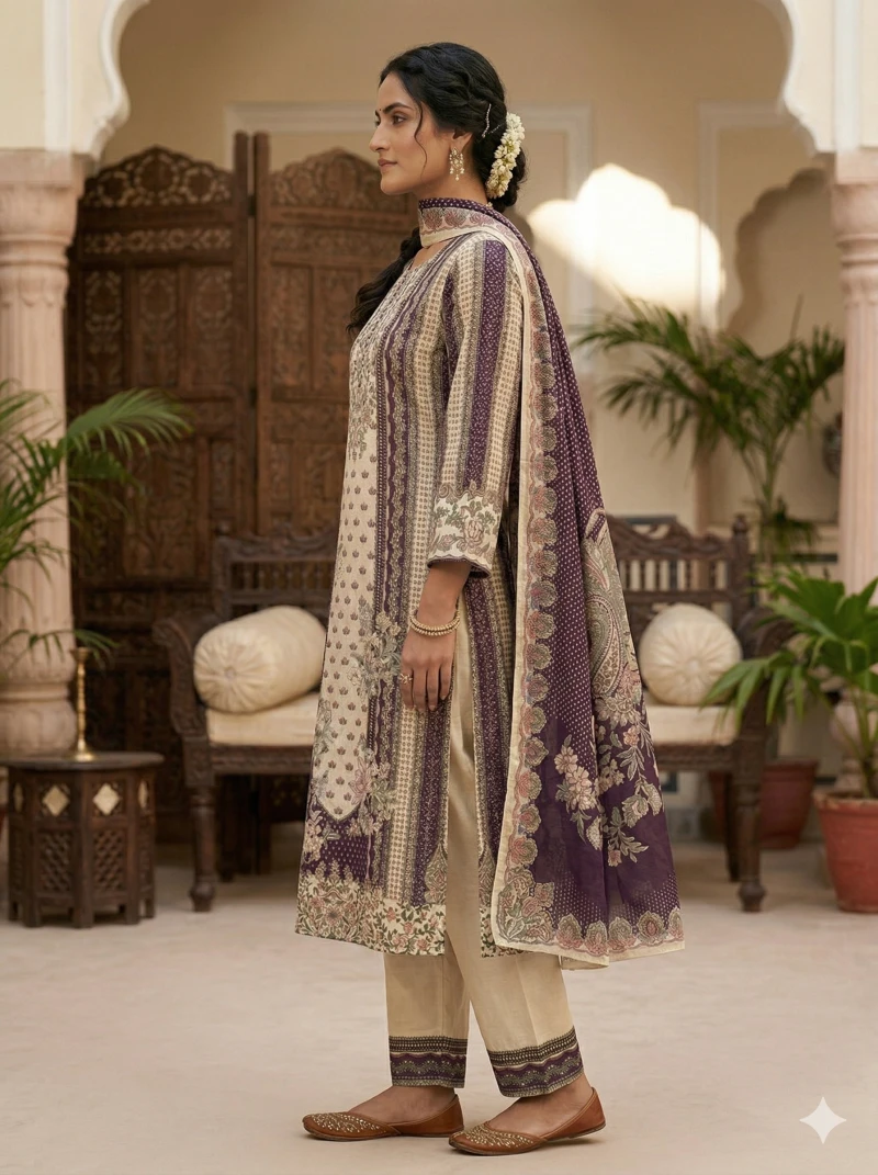 Women's Purple Printed Kurta Set with Trousers and Floral Patterned dupatta