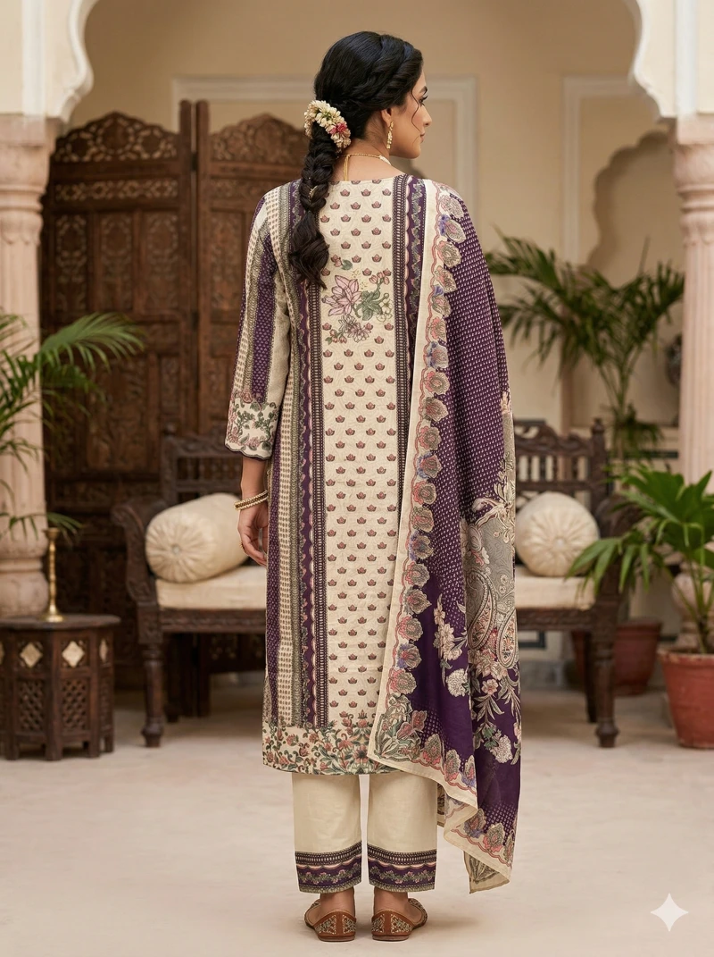 Women's Purple Printed Kurta Set with Trousers and Floral Patterned dupatta