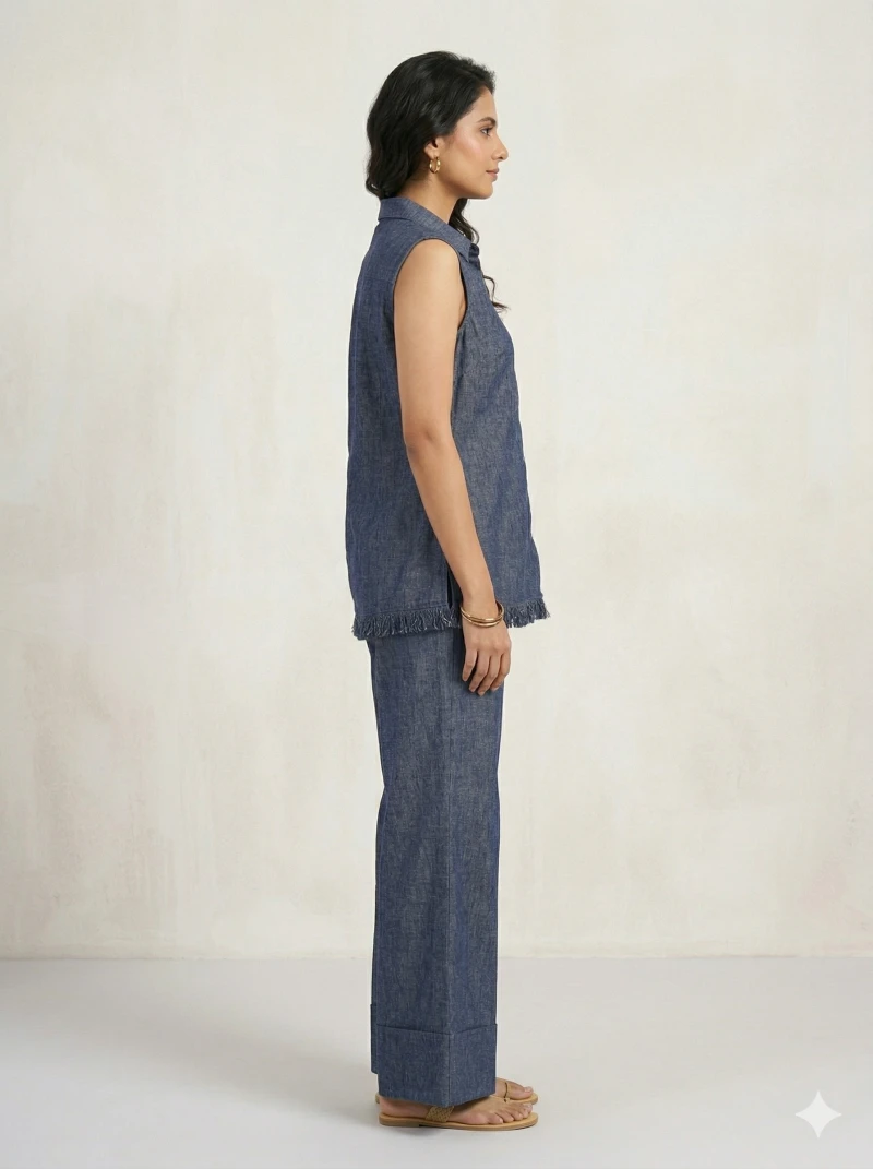 Hand-Embellished Sleeveless Tunic & Wide-Leg Trouser Set in Chambray Blue