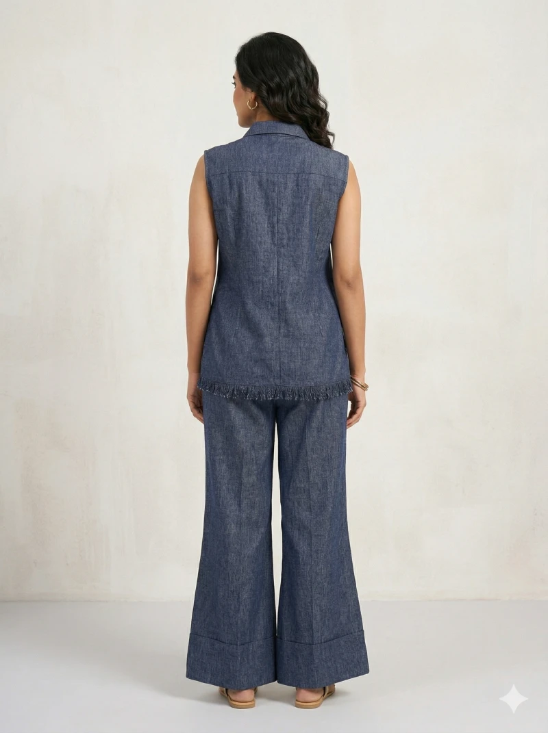 Hand-Embellished Sleeveless Tunic & Wide-Leg Trouser Set in Chambray Blue