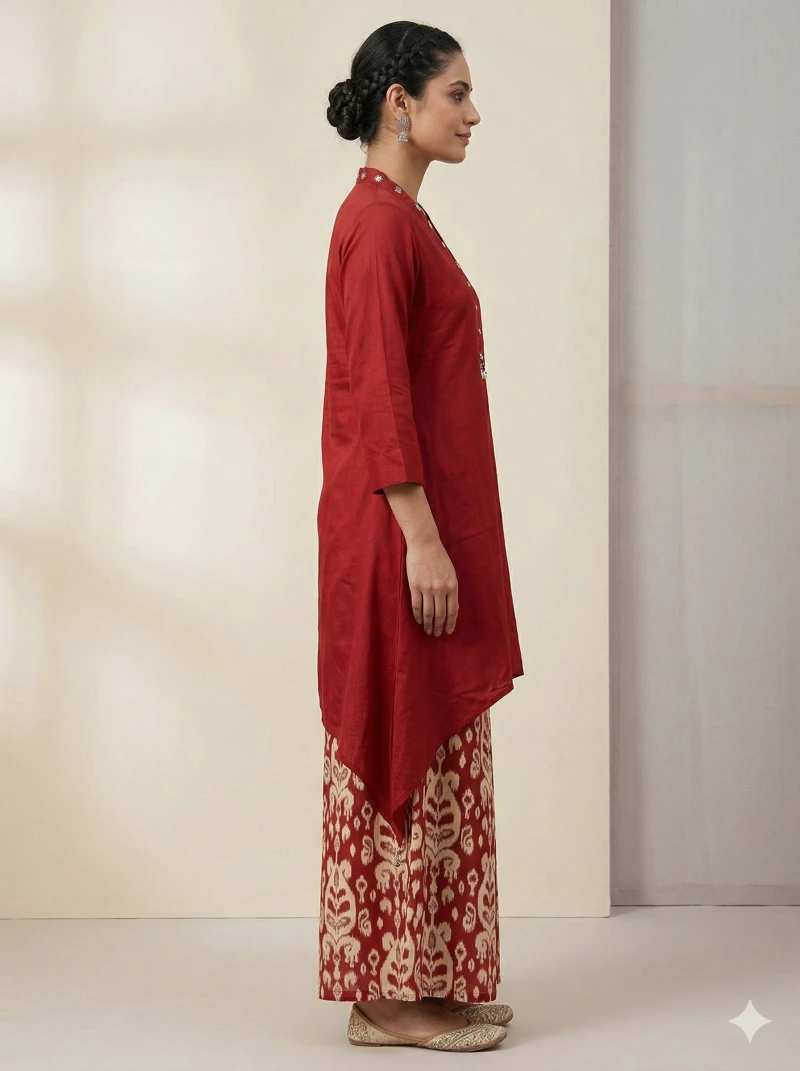Deep Red Asymmetric Kurta with Ikat Print Palazzo Pants – 2 Piece Set