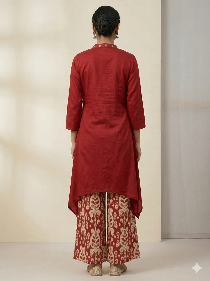 Deep Red Asymmetric Kurta with Ikat Print Palazzo Pants – 2 Piece Set