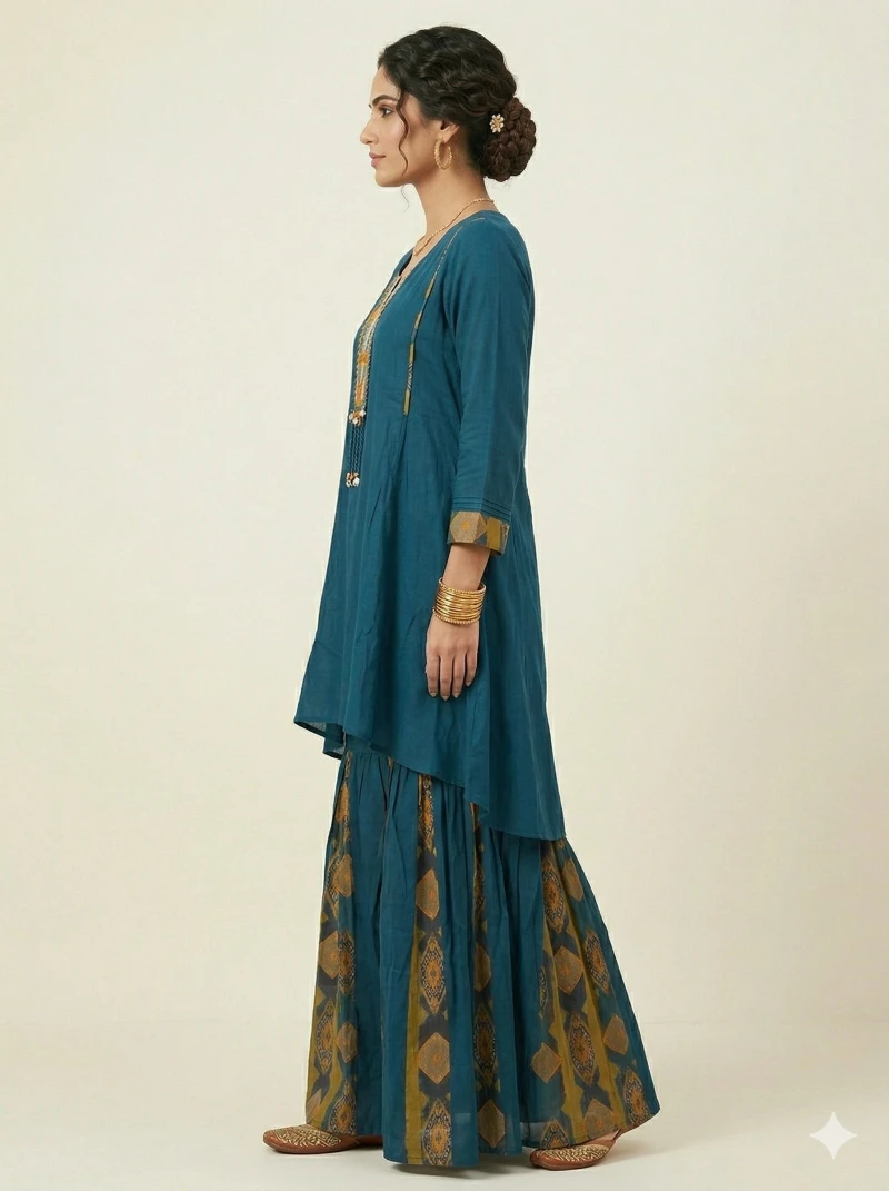 Teal Blue Embroidered High-Low Kurta with Printed Sharara
