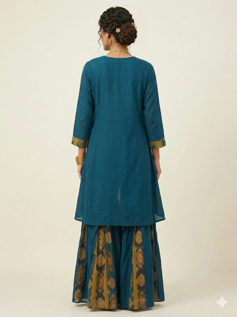 Teal Blue Embroidered High-Low Kurta with Printed Sharara
