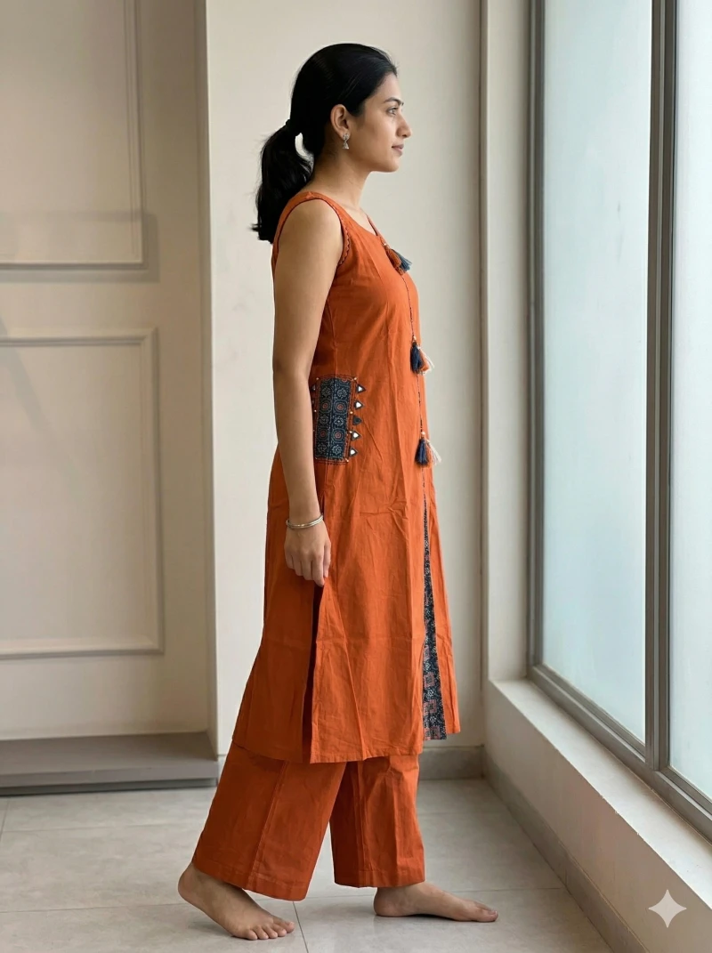 Women's Brunt Orange Sleeveless Kurta and Palazzo Set
