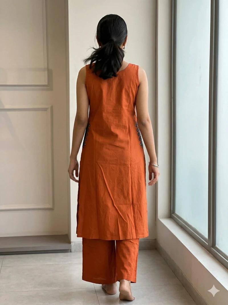 Women's Brunt Orange Sleeveless Kurta and Palazzo Set