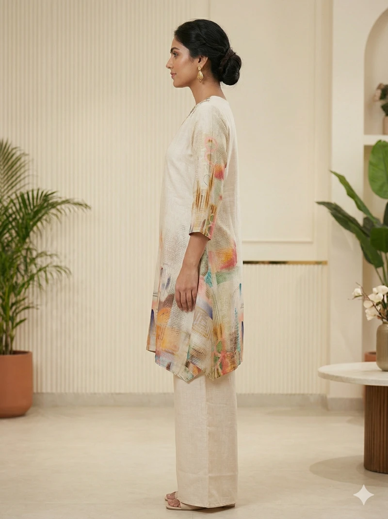 Women's Abstract Print Asymmetric Kurta with Wide-Leg Palazzos