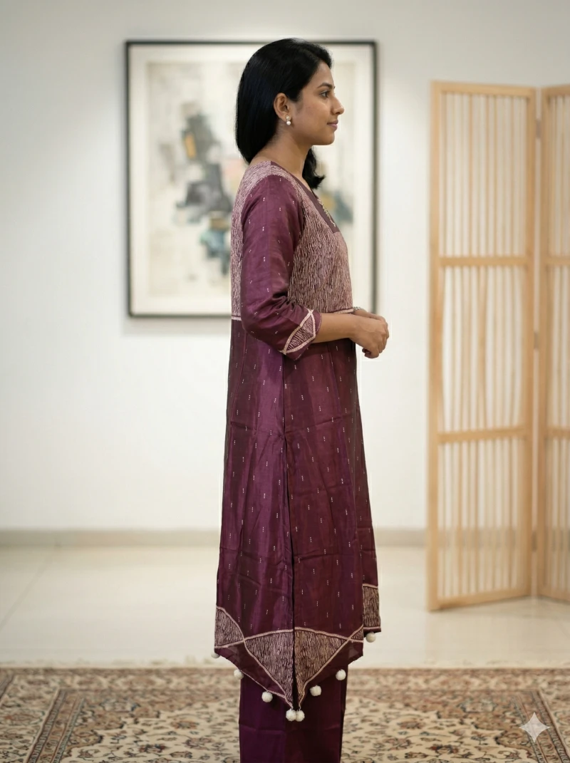 Women's deep purple Silk Blend Printed Kurta Set with Embroidered Yoke and Tassel Hem