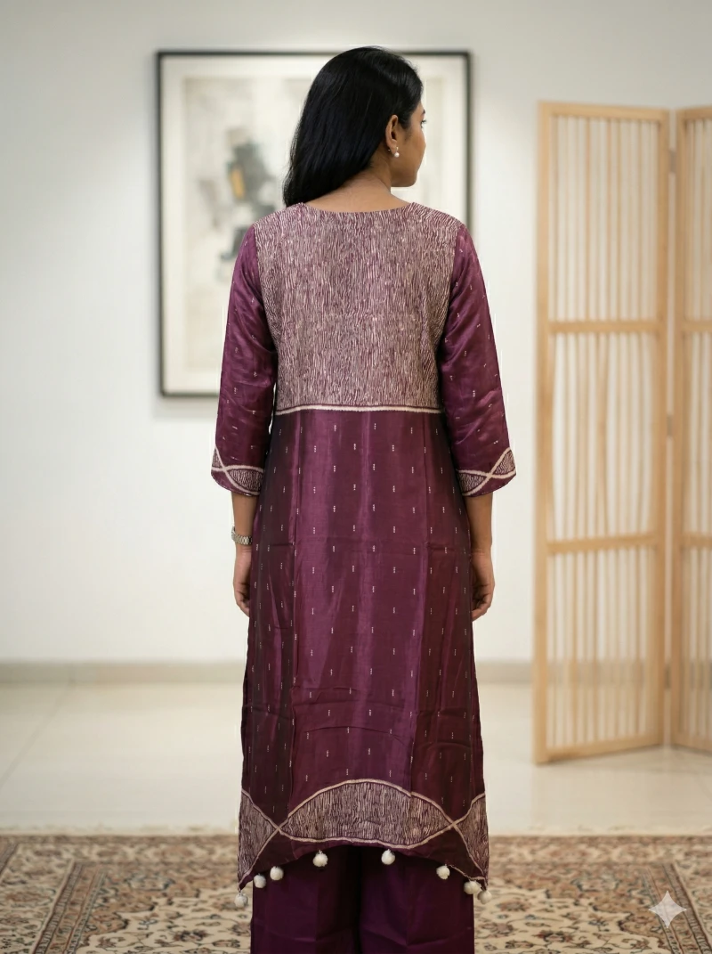 Women's deep purple Silk Blend Printed Kurta Set with Embroidered Yoke and Tassel Hem