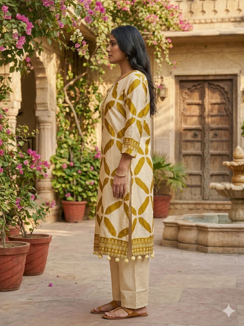 Cream & Mustard Yellow Printed Straight Kurta with Trousers
