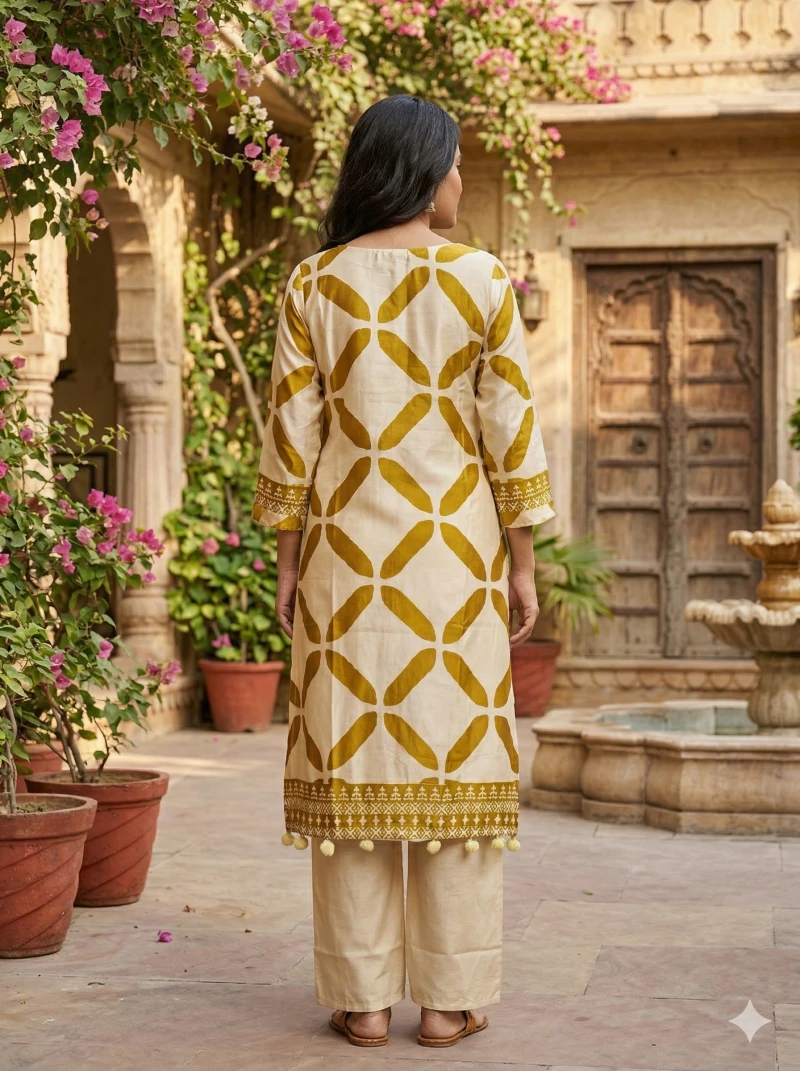 Cream & Mustard Yellow Printed Straight Kurta with Trousers