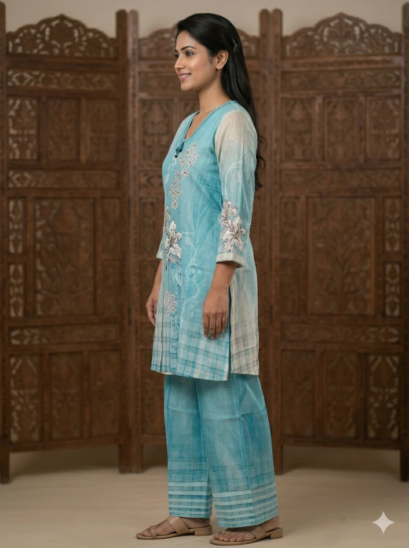 Women Blue & White Floral Printed Kurta with Palazzos