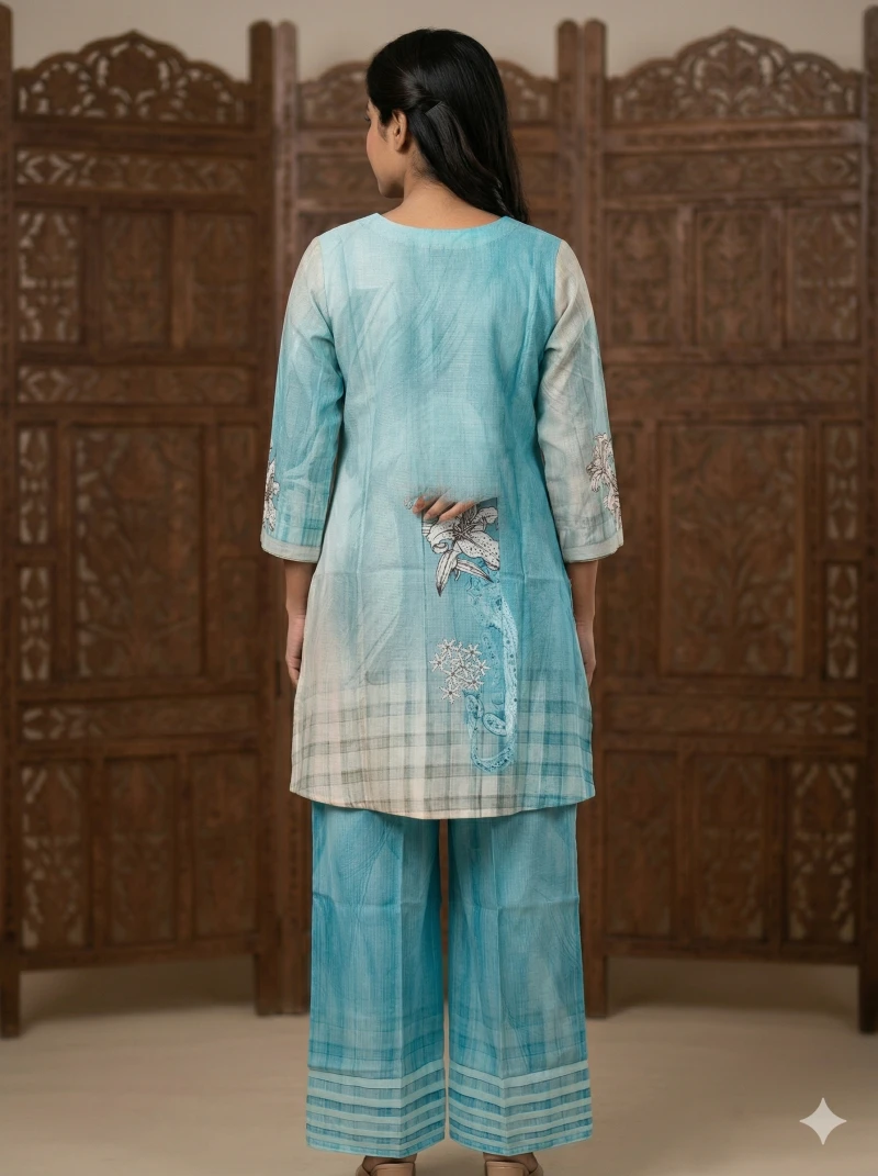 Women Blue & White Floral Printed Kurta with Palazzos