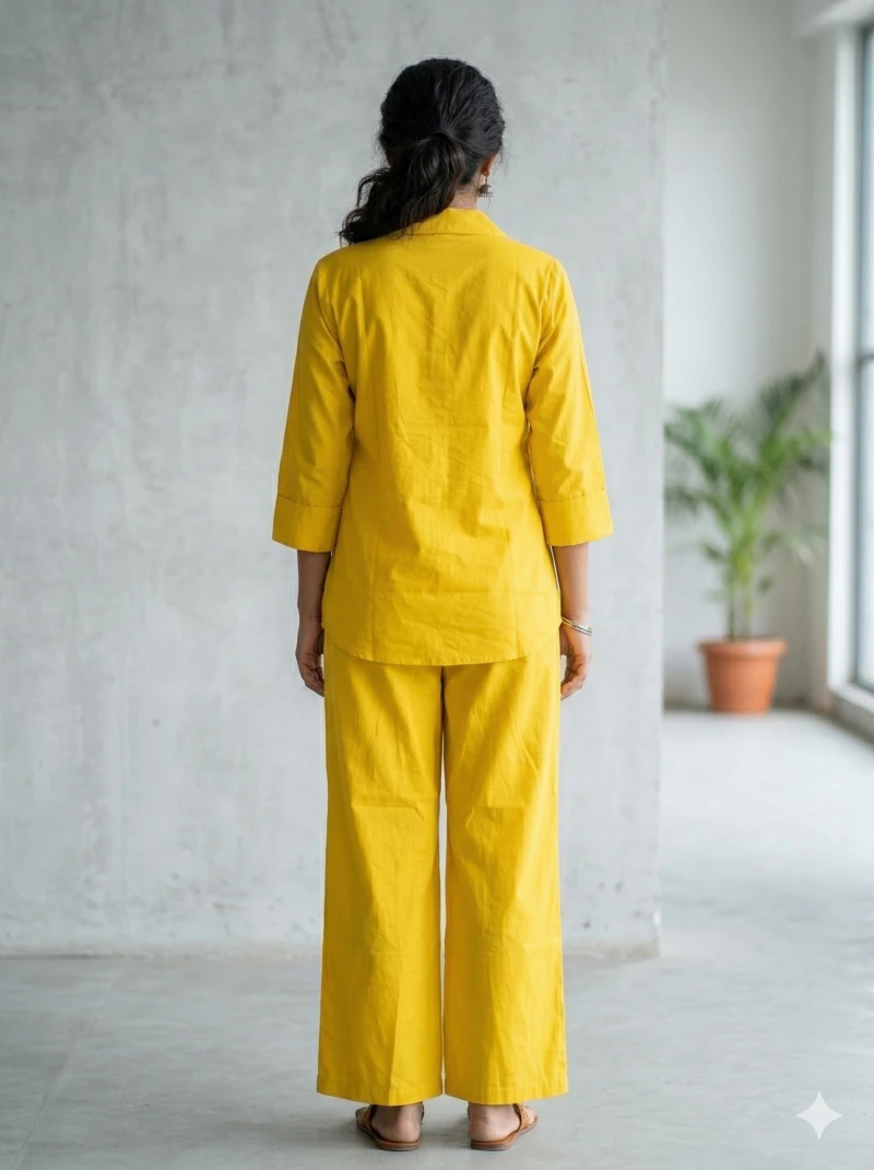 Sun-Kissed Yellow Cotton Co-ord Set with Bold Floral Appliqué