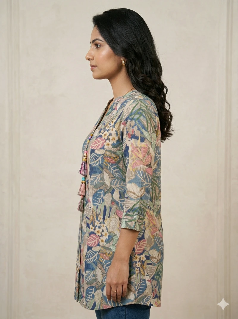 Multicolor Tropical Leaf Print Mandarin Collar Tunic