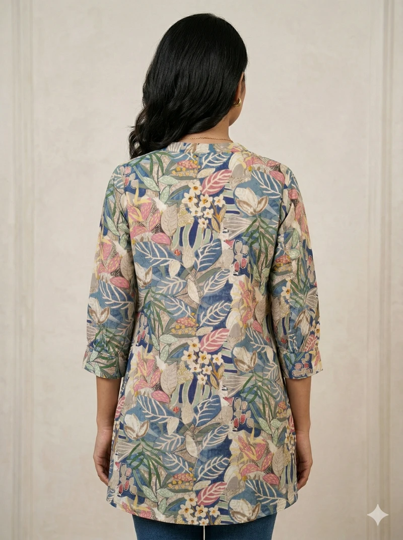 Multicolor Tropical Leaf Print Mandarin Collar Tunic