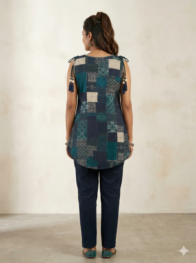 Women Navy Blue & Teal Patchwork Kurti