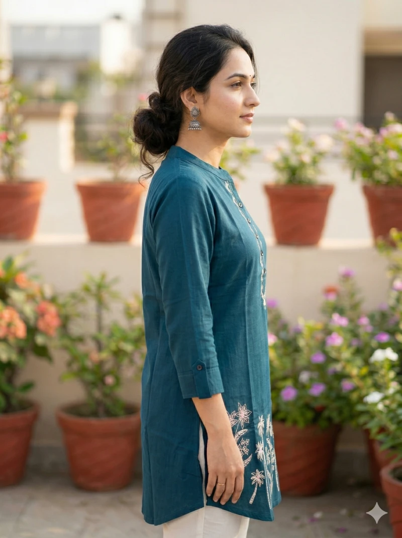 Women Teal Blue Embroidered Mandarin Collar Tunic