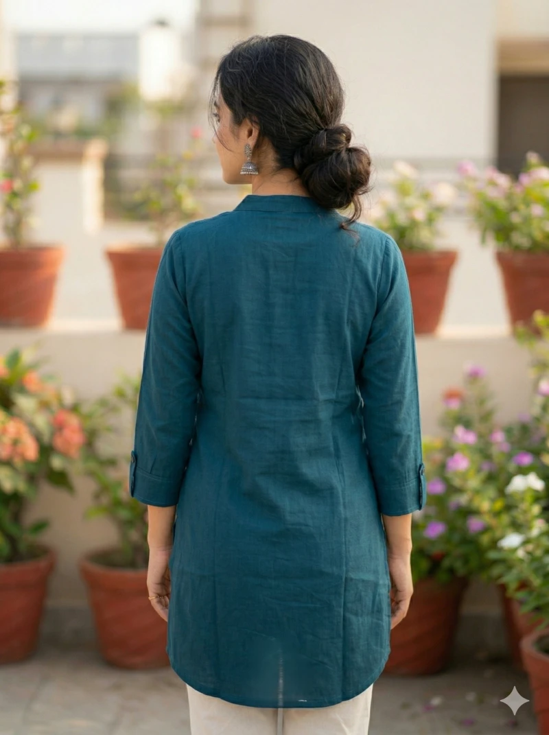 Women Teal Blue Embroidered Mandarin Collar Tunic