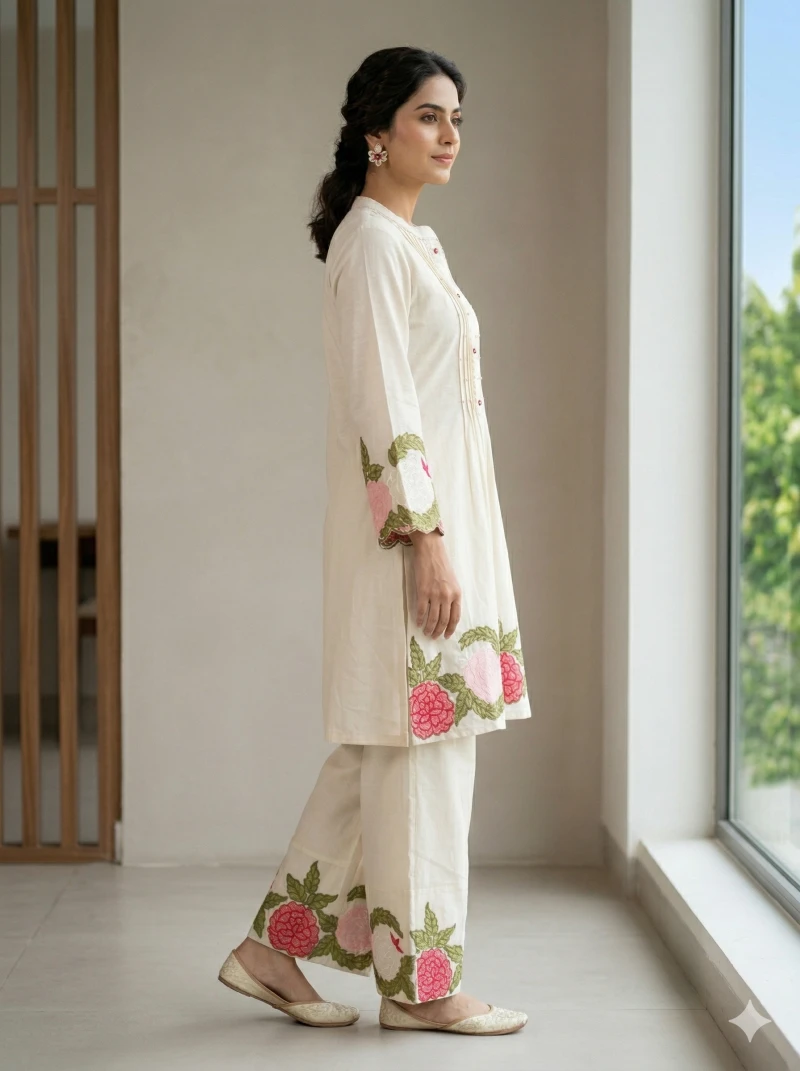 Women Off-White Floral Embroidered Kurta with Trousers