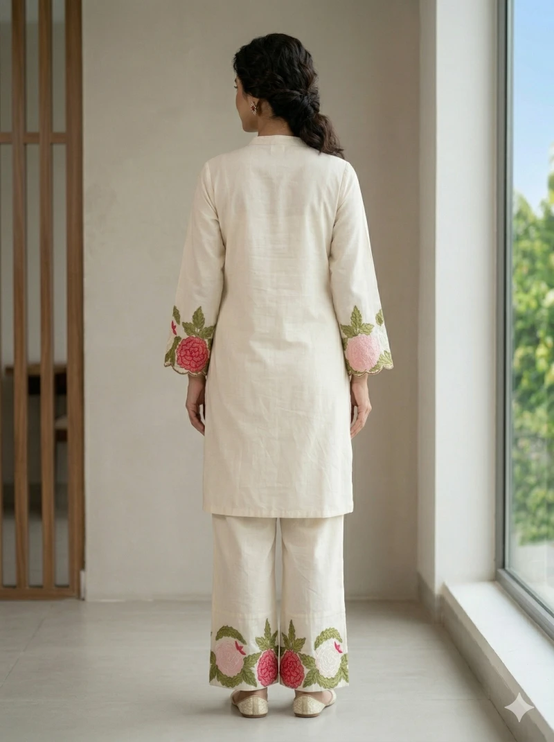Women Off-White Floral Embroidered Kurta with Trousers