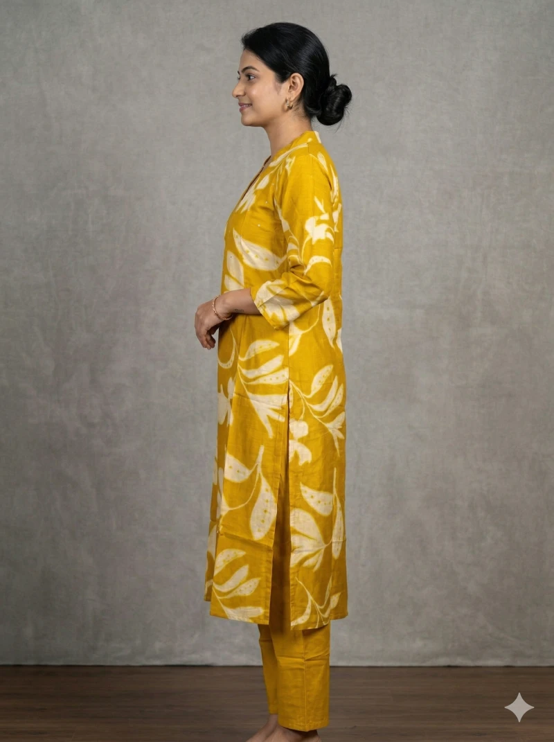 Women Mustard Yellow & White Floral Printed Kurta with Trousers
