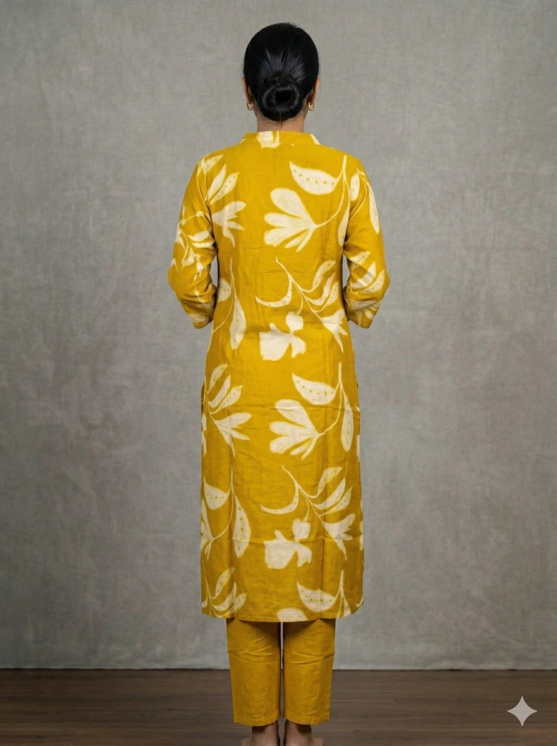 Women Mustard Yellow & White Floral Printed Kurta with Trousers