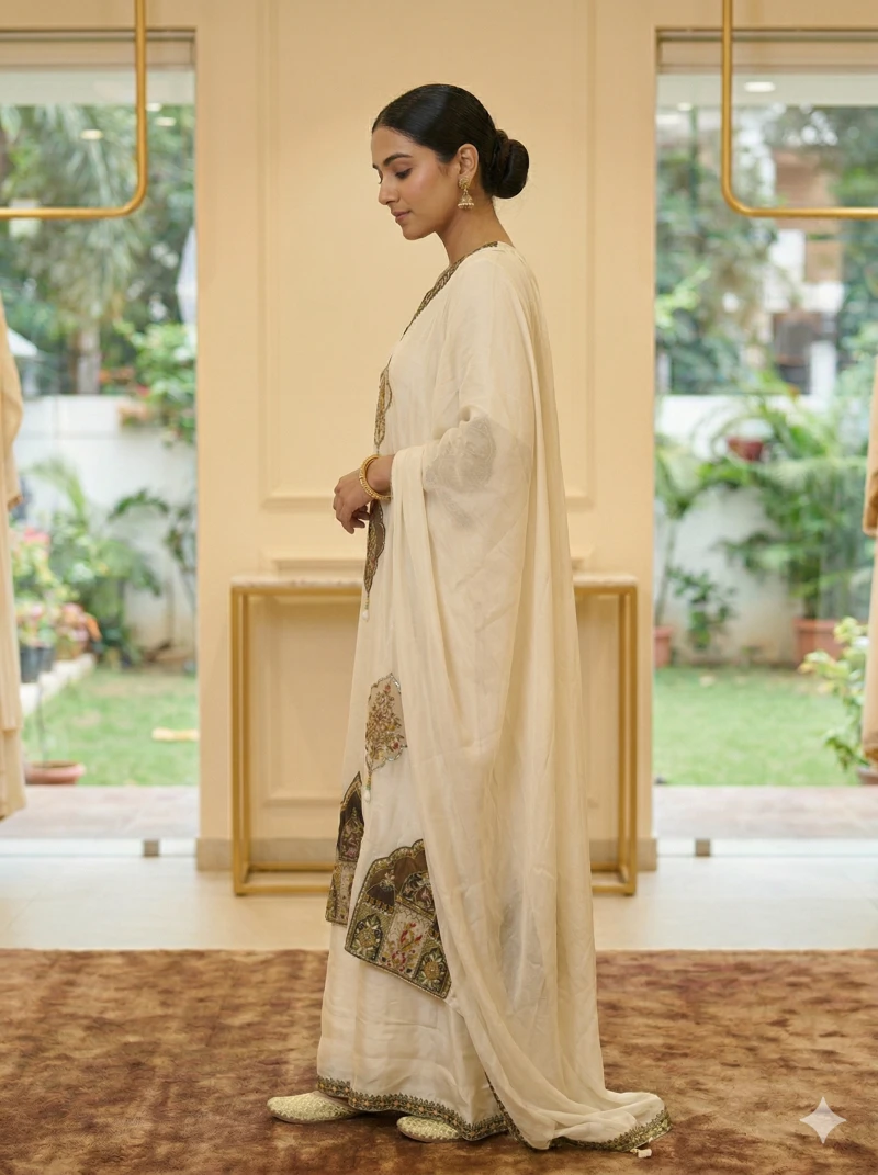 Elegant Off-White Silk Kaftan Set with Intricate Zari Embroidery and Mughal-Inspired Appliqué Work