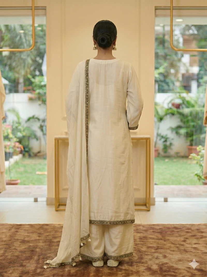 Elegant Off-White Silk Kaftan Set with Intricate Zari Embroidery and Mughal-Inspired Appliqué Work