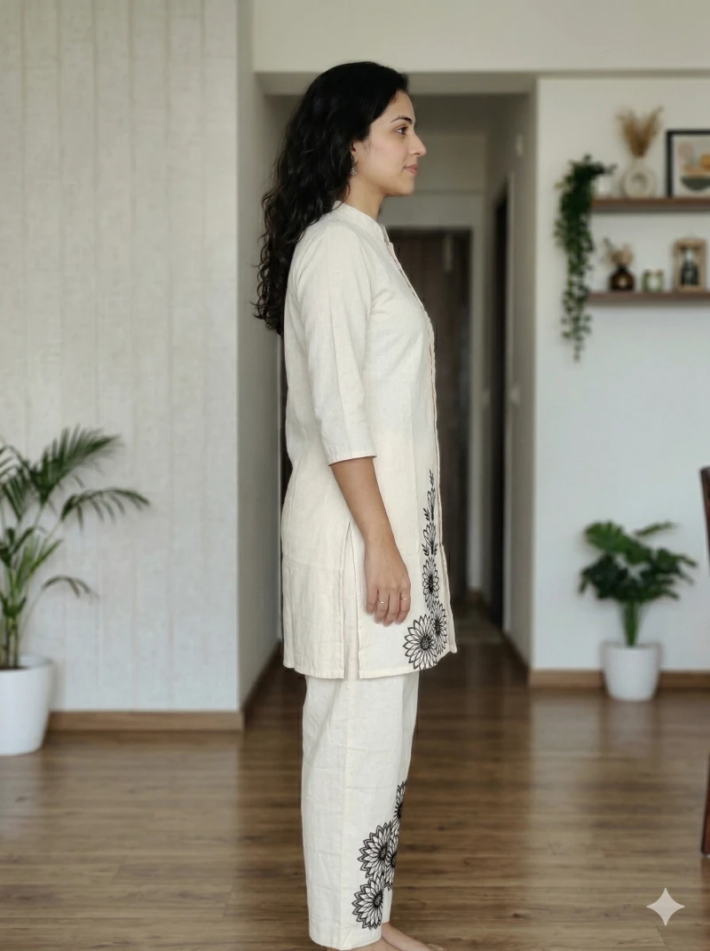 Floral Embroidered Khadi Cotton Kurta with Trousers