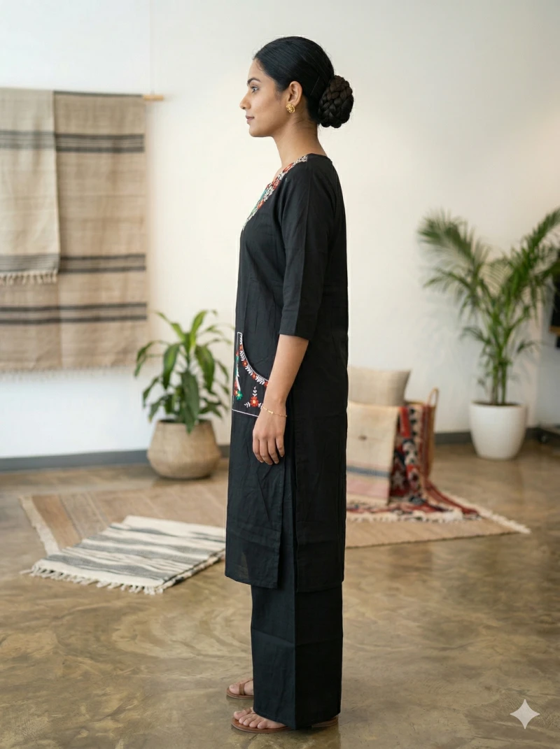 Women Black Ethnic Motifs Embroidered Pure Cotton Kurta with Palazzos
