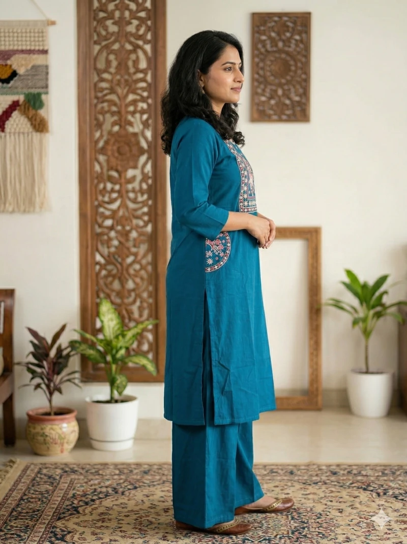 Women teal Blue Embroidered Pure Cotton Kurta with Palazzos