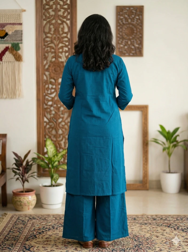 Women teal Blue Embroidered Pure Cotton Kurta with Palazzos